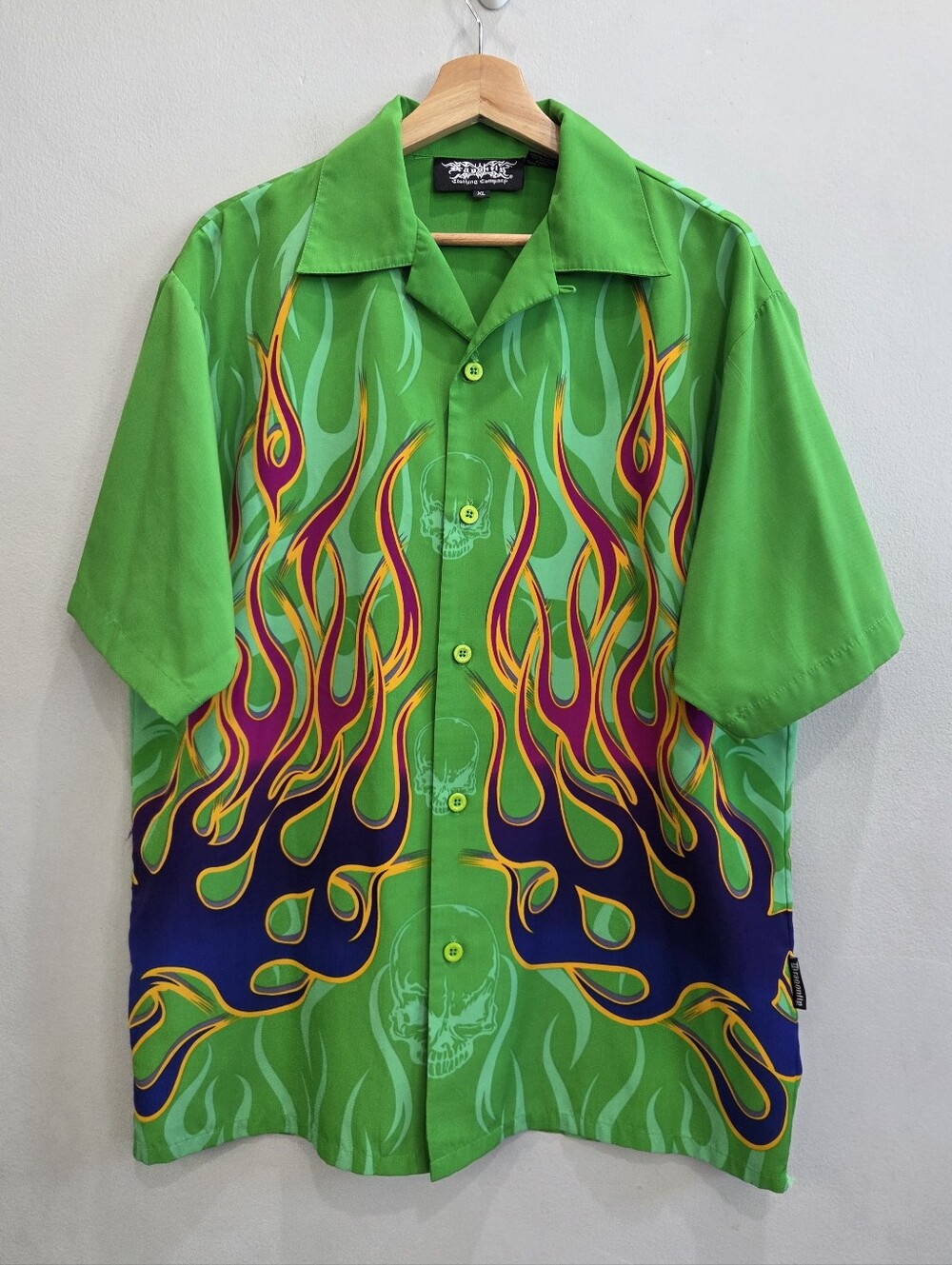 Dragonfly Clothing Y2K Shirt Green Skull Flames Graphic Short Sleeve Men's XL